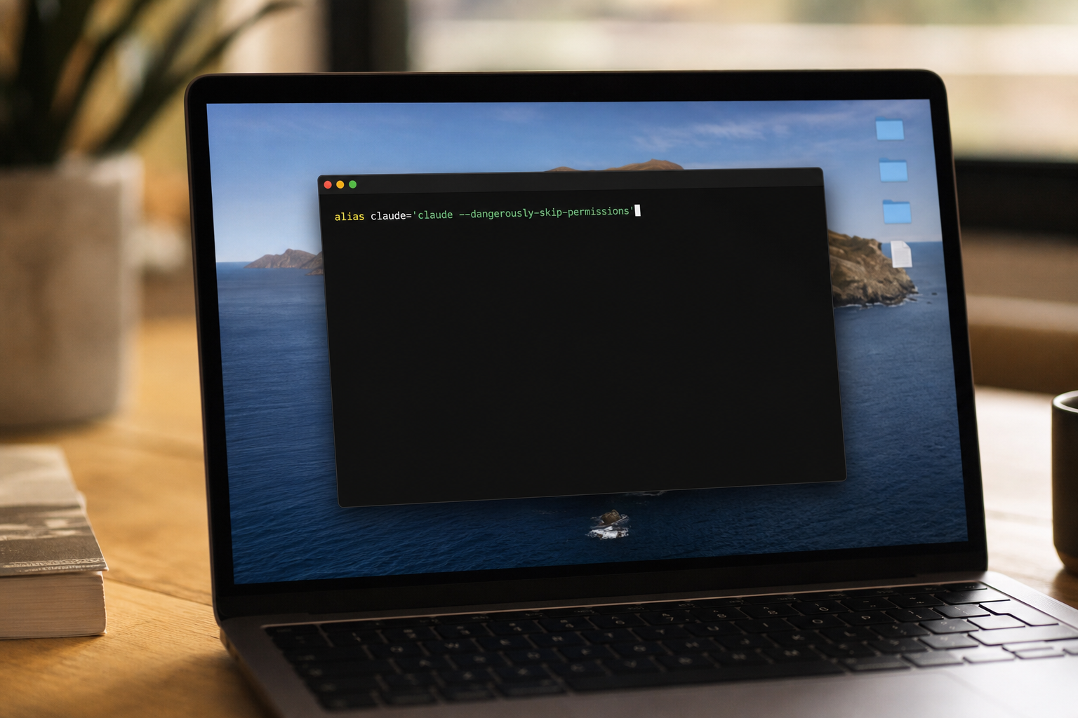 MacBookの画面にターミナルのzshシェルが開かれ、ユーザーが~/.zshrcファイルにエイリアス設定を入力している様子。